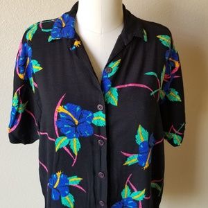 80s Vintage Neon Hawaiian Floral Button Up